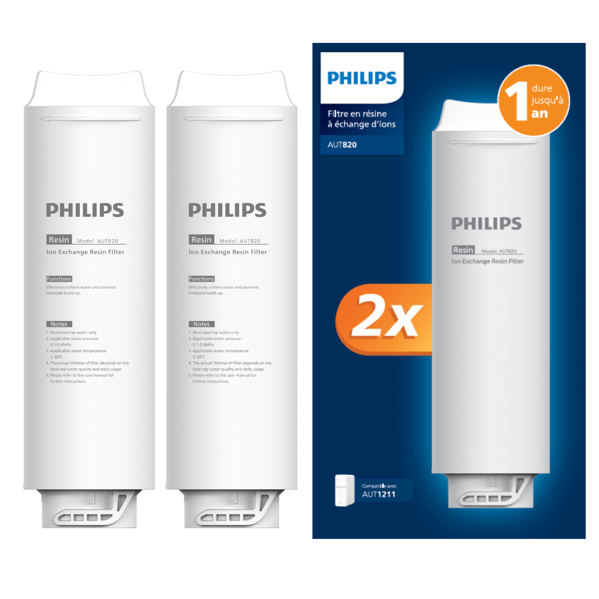 Zestaw wkładów filtrujących z żywicą jonowymienną AUT820/10 do PHILIPS AUT1211/10.